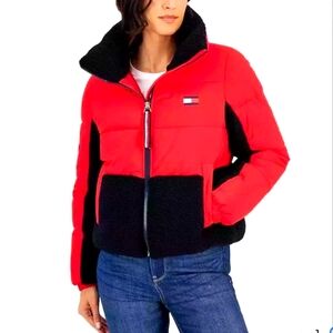 Tommy Hilfiger Women's Color blocked Mixed-Media Puffer Jacket Scarlet Siz S NWT